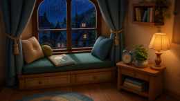 A calm night-time reading nook with a window seat, a notebook, a lamp and a plant.